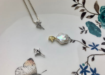 One Piece 925 Sterling Silver/Gold Pendant Setting Findings For Half Drilled Pearls Cross Design W/CZ Sterling Silver Pendant #10353