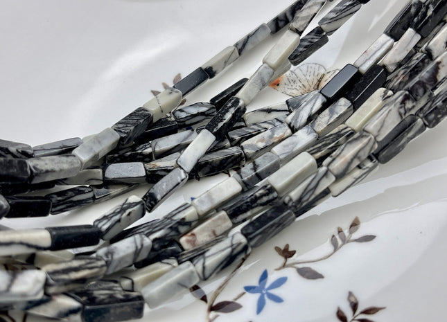 4-5x13 mm Cuboid Tube Shape Black Spider Web Jasper Gemstone Beads Jasper Gemstones Loose Beads 15.5 Inches Strand #3825