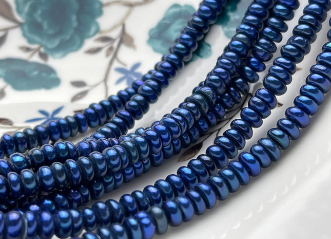 5.5-6 mm AAA Half Strand Large Hole Royal Blue Peacock Button/Rondelle Freshwater Pearl Hole Size 1.2mm Genuine Freshwater Pearl #P1866