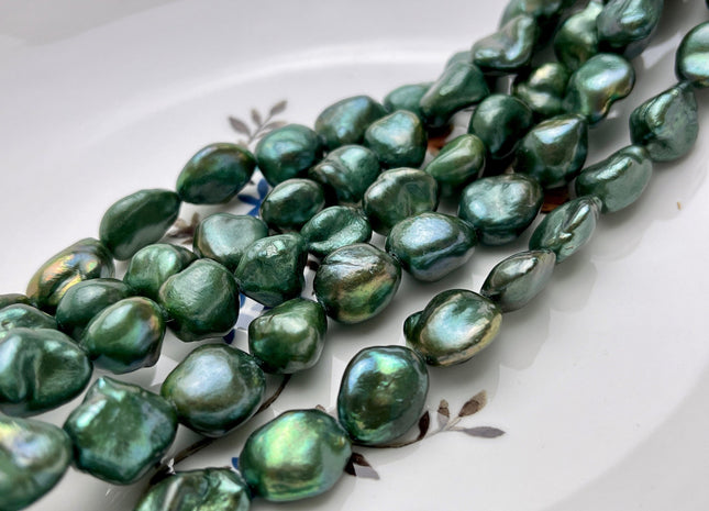 10-11x12-14 mm Dark Forest Green Color Keshi Nugget Freshwater Pearl Beads Genuine Green Keshi Nugget Freshwater Pearl Beads #P1872