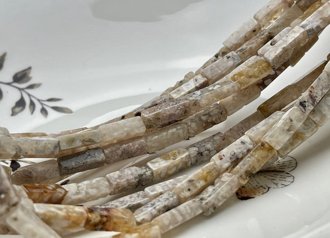 4-5x13 mm Cuboid Tube Shape White Brown Gray Color Spotted Jasper Gemstone Beads Jasper Gemstones Loose Beads 15.5 Inches Strand #3858