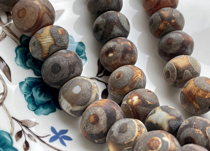 12x16 mm AAA DZI Tibetan Agate Drum Shape Dark Matte Brown Color Eye Agate Gemstone Large 2.0mm Hole Mala Antique Boho Beads 12 Inches #3876