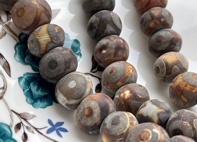 12x16 mm AAA DZI Tibetan Agate Drum Shape Dark Matte Brown Color Eye Agate Gemstone Large 2.0mm Hole Mala Antique Boho Beads 12 Inches #3876