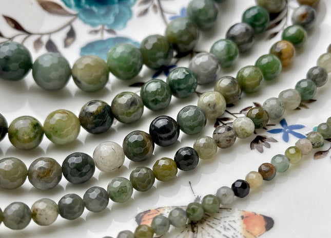 4mm 6mm 8mm 10mm 12mm Natural Faceted Round Mongolian Jade Gemstone Beads Green Color Rare Multi Green Mongolian Jade Loose Beads #3877