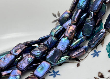 9-10x16-24mm AAA Rainbow Peacock Color Rectangle Coin Freshwater Pearls Rare High Luster Pearls 9-11 Beads 7.5 Inches #P1925