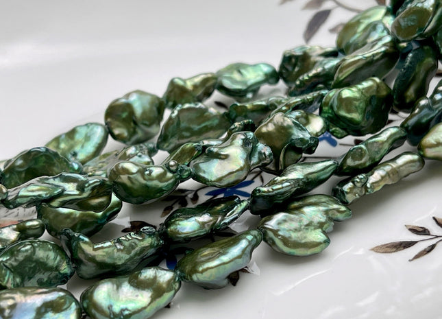 10-12x12-16mm AA Dark Forest Green Color Large Keshi Freshwater Pearl Beads High Luster Rare Genuine Freshwater Large Keshi Pearls #P1931