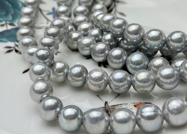 10 mm AAA Silver Gray Half Strand Large Hole Freshwater Edison Pearl Beads Hole Size 2.2 mm Genuine Extra Shiny Round Pearl #P1871