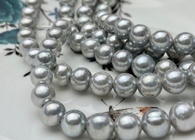 10mm 11mm AAA Silver Gray Half Strand Large Hole Freshwater Edison Pearl Beads Hole Size 2.2 mm Genuine Extra Shiny Round Pearl #P1871