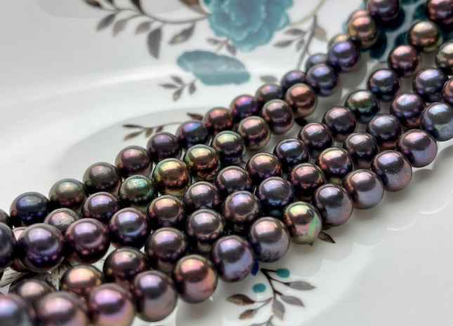 8-8.5mm AAA Semi-Round Shape Purple Peacock Color Freshwater Potato Pearl Beads Genuine High Luster Round Pearl #195