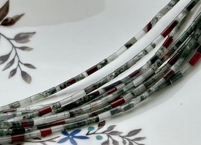 2x4 mm Tube Shape Natural African Bloodstone Gemstone Beads Genuine Red Green Bloodstone Gemstones Spacer Beads 15.5 Inches Strand #3903