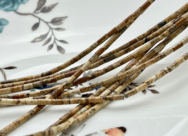 2x4 mm Tube Shape Natural Picture Jasper Gemstone Beads Genuine Multi Brown Cream Jasper Gemstones Loose Spacer Beads 15.5 Inch Strand #3913
