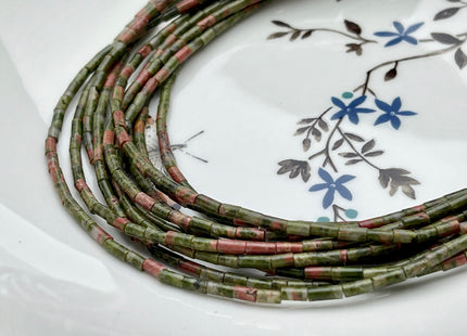 2x4 mm Tube Shape Natural Unakite Gemstone Beads Genuine Green And Pink Color Unakite Gemstones Loose Spacer Beads 15.5 Inches Strand #3919