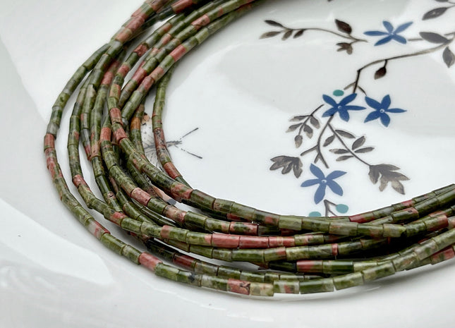 2x4 mm Tube Shape Natural Unakite Gemstone Beads Genuine Green And Pink Color Unakite Gemstones Loose Spacer Beads 15.5 Inches Strand #3919