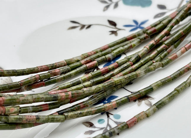 2x4 mm Tube Shape Natural Unakite Gemstone Beads Genuine Green And Pink Color Unakite Gemstones Loose Spacer Beads 15.5 Inches Strand #3919