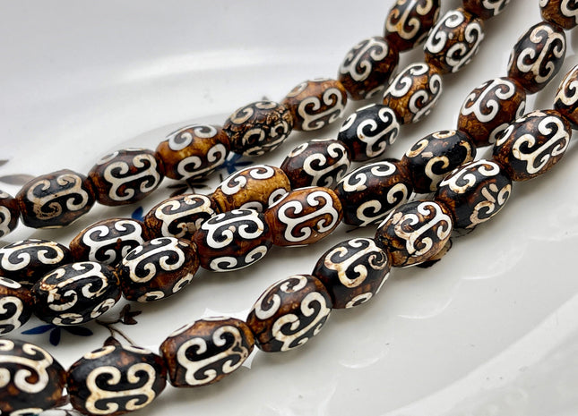 10x14 mm AAA DZI Tibetan Agate Barrel Shape Brown Etched Agate Gemstone Matte Mala Antique Boho Beads 14 Inches 26 Pieces #3867