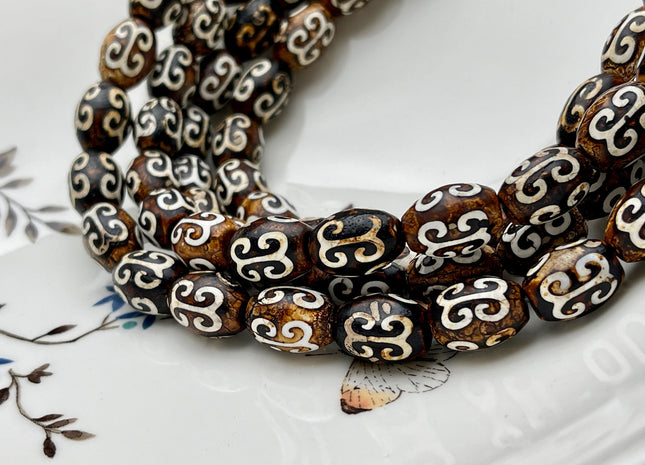 10x14 mm AAA DZI Tibetan Agate Barrel Shape Brown Etched Agate Gemstone Matte Mala Antique Boho Beads 14 Inches 26 Pieces #3867