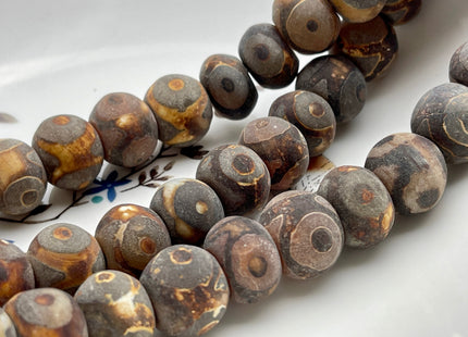12x16 mm AAA DZI Tibetan Agate Drum Shape Dark Matte Brown Color Eye Agate Gemstone Large 2.0mm Hole Mala Antique Boho Beads 12 Inches #3876