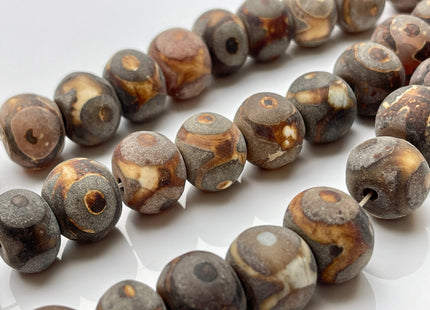 12x16 mm AAA DZI Tibetan Agate Drum Shape Dark Matte Brown Color Eye Agate Gemstone Large 2.0mm Hole Mala Antique Boho Beads 12 Inches #3876