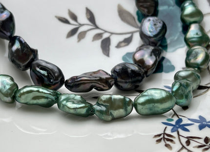 9-11x12-17 mm AA Black Peacock or Green Keshi Freshwater Pearls Genuine High Luster Keshi Rice Nugget Shape Freshwater Pearl Beads #P1930