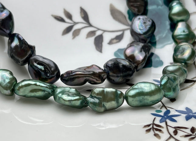 9-11x12-17 mm AA Black Peacock or Green Keshi Freshwater Pearls Genuine High Luster Keshi Rice Nugget Shape Freshwater Pearl Beads #P1930