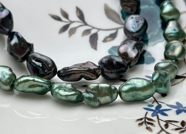 9-11x12-17 mm AA Black Peacock or Green Keshi Freshwater Pearls Genuine High Luster Keshi Rice Nugget Shape Freshwater Pearl Beads #P1930