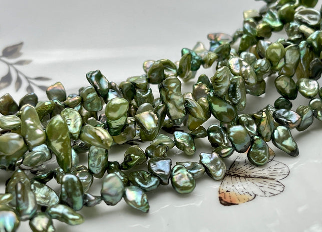 5-6x8-10 mm Sage Green Color Top Drilled Keshi Freshwater Pearls Genuine Sage Green Color Freshwater Keshi Pearl Beads #P1935