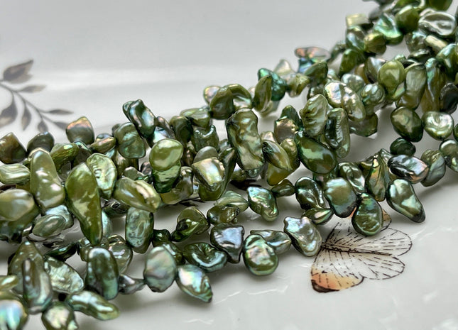 5-6x8-10 mm Sage Green Color Top Drilled Keshi Freshwater Pearls Genuine Sage Green Color Freshwater Keshi Pearl Beads #P1935