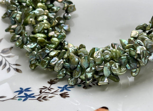 5-6x8-10 mm Sage Green Color Top Drilled Keshi Freshwater Pearls Genuine Sage Green Color Freshwater Keshi Pearl Beads #P1935