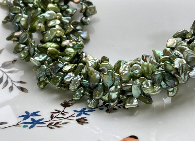 5-6x8-10 mm Sage Green Color Top Drilled Keshi Freshwater Pearls Genuine Sage Green Color Freshwater Keshi Pearl Beads #P1935