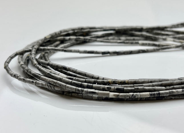 2x4 mm Tube Shape Natural Picture Jasper Gemstone Beads Genuine Black Gray Jasper Gemstones Loose Spacer Beads 15.5 Inches Strand #3900