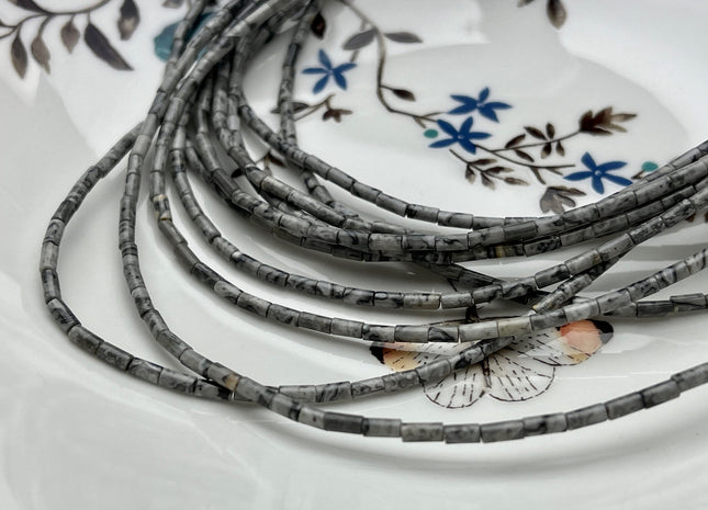 2x4 mm Tube Shape Natural Picture Jasper Gemstone Beads Genuine Black Gray Jasper Gemstones Loose Spacer Beads 15.5 Inches Strand #3900