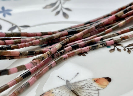 2x4 mm Tube Shape Natural Rhodonite Gemstone Beads Genuine Black And Pink Rhodonite Gemstones Loose Spacer Beads 15.5 Inches Strand #3908
