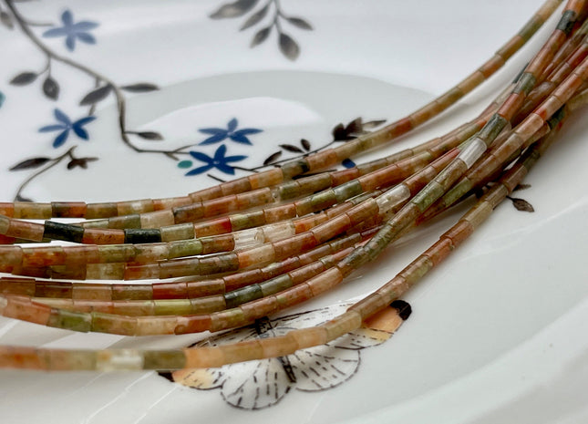 2x4 mm Tube Shape Unakite Gemstone Beads Genuine Green And Orange Gemstones Loose Spacer Beads 15.5 Inches Strand #3950