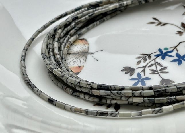 2x4 mm Tube Shape Black Web Jasper Gemstone Beads Genuine Black White Color Jasper Gemstones Loose Spacer Beads 15.5 Inches Strand #3931