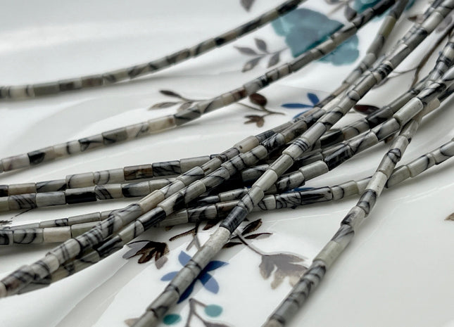 2x4 mm Tube Shape Black Web Jasper Gemstone Beads Genuine Black White Color Jasper Gemstones Loose Spacer Beads 15.5 Inches Strand #3931