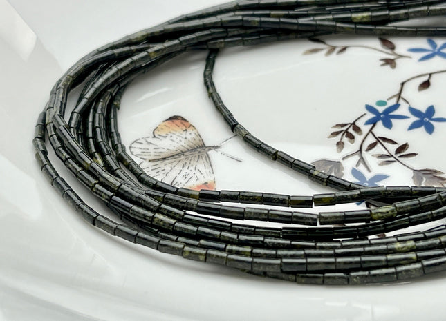 2x4 mm Tube Shape Jasper Gemstone Beads Genuine Dark Green Black Color Jasper Gemstones Loose Spacer Beads 15.5 Inches Strand #3933