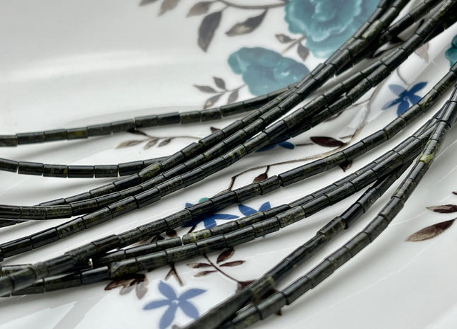 2x4 mm Tube Shape Jasper Gemstone Beads Genuine Dark Green Black Color Jasper Gemstones Loose Spacer Beads 15.5 Inches Strand #3933