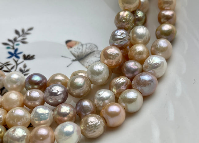 9-10 mm AAA Half Strand Large Hole Natural Multi Pink Baroque Pearl Beads 2.2 mm Hole Natural Edison Pearl With Iridescent Color #1632