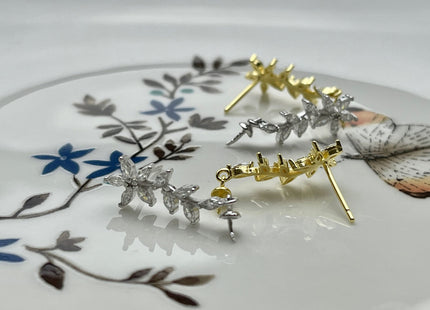 One Pair 925 Sterling Silver/Gold Setting Findings For Half Drilled Pearls Floral Leaf Shape Design Sterling Silver Earring Findings #10231