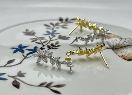 One Pair 925 Sterling Silver/Gold Setting Findings For Half Drilled Pearls Floral Leaf Shape Design Sterling Silver Earring Findings #10231