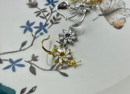 One Pair 925 Sterling Silver/Gold Simple Hook Earring Setting Flower Shape Earring Hook Findings For Half Drilled Pearls #10233