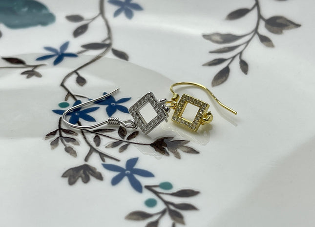 One Pair 925 Sterling Silver/Gold Simple Hook Earring Setting Square Shape Earring Hook Findings For Half Drilled Pearls #10239