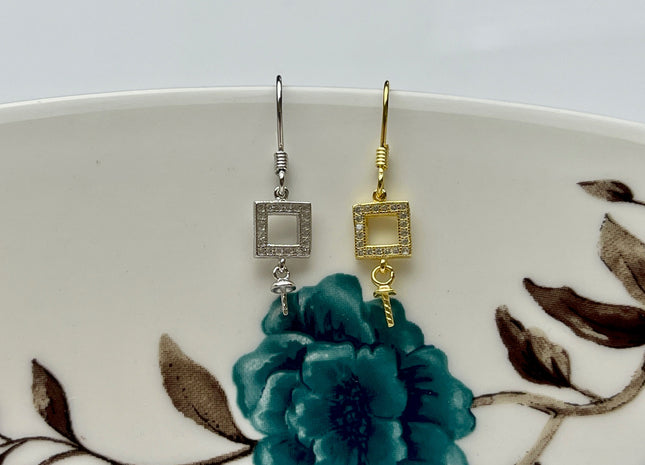 One Pair 925 Sterling Silver/Gold Simple Hook Earring Setting Square Shape Earring Hook Findings For Half Drilled Pearls #10239