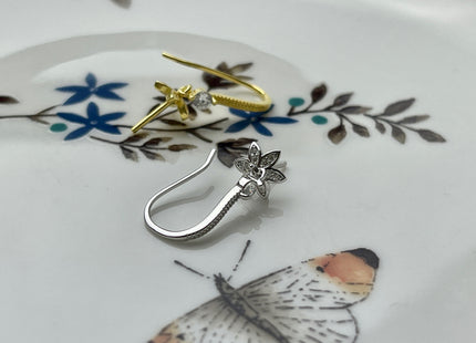 One Pair 925 Sterling Silver/Gold Simple Hook Earring Setting Flower Shape Earring Hook Findings For Half Drilled Pearls #10241