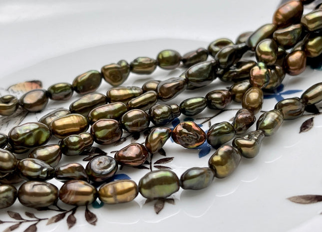 5-6x8-11mm Green Copper Color Keshi Freshwater Pearls Beads Genuine Keshi Rice Nugget Shape Green Copper Keshi Freshwater Pearl Beads #P1941