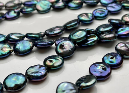12-13 mm AA Blue Peacock Color Flat Coin Freshwater Pearl Beads Genuine High Luster Cultured Freshwater Coin Pearls 31 Beads #P2018