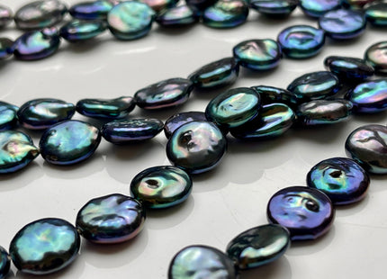 12-13 mm AA Blue Peacock Color Flat Coin Freshwater Pearl Beads Genuine High Luster Cultured Freshwater Coin Pearls 31 Beads #P2018