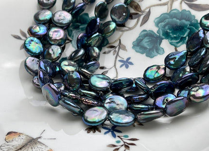 12-13 mm AA Blue Peacock Color Flat Coin Freshwater Pearl Beads Genuine High Luster Cultured Freshwater Coin Pearls 31 Beads #P2018