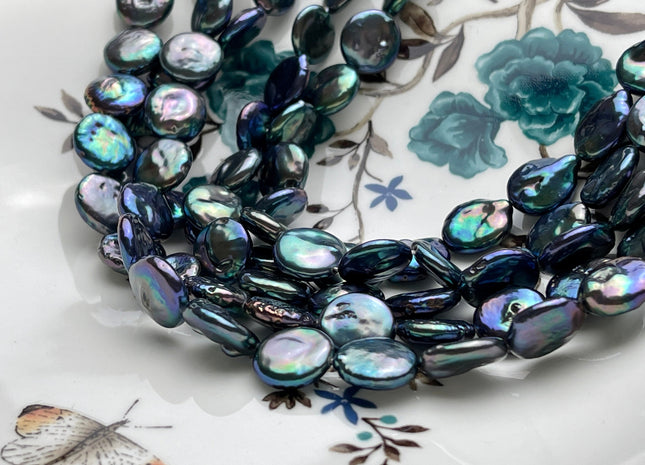 12-13 mm AA Blue Peacock Color Flat Coin Freshwater Pearl Beads Genuine High Luster Cultured Freshwater Coin Pearls 31 Beads #P2018