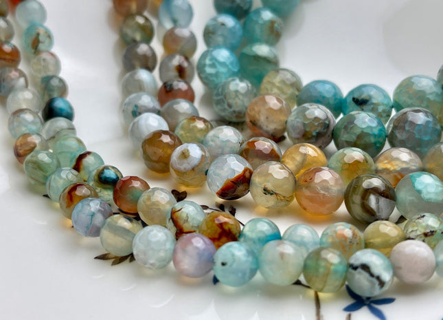 8mm 10mm 12mm Faceted Round Fire Agate Gemstone Beads Genuine Multi Brown Blue Color Agate Loose Beads 15 Inches Strand #4019